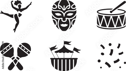 Carnival Icons Set Silhouette Style Dancer Mask Drum Maracas Tent Confetti Brazil Culture