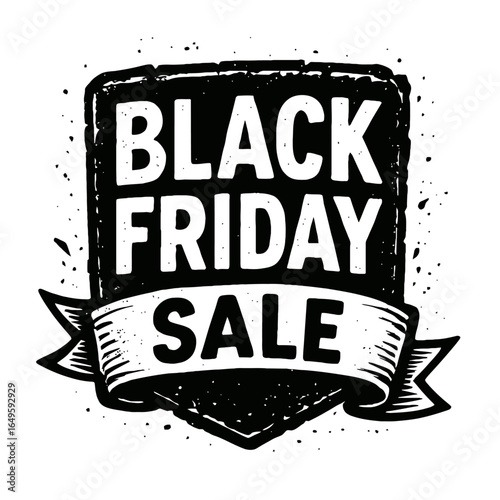 Black Friday Sale Shield Vector - Grunge Black and White Badge for Discounts and Shopping Promotions