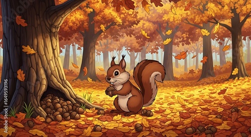 A charming and whimsical illustration of an adorable cartoon squirrel preparing for the winter season. 