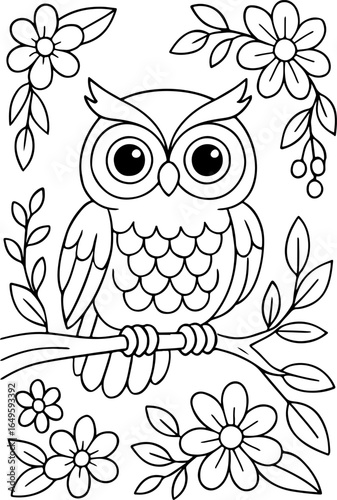 cute owl on tree branch with flowers coloring page for kids