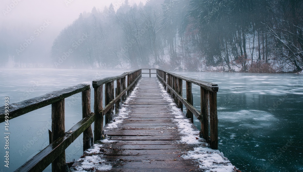 Naklejka premium Wooden pier leading into a misty winter landscape