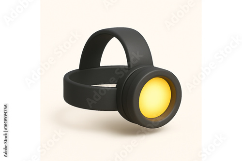 3D icon of a headlamp with a bright yellow beam of light, black strap, on white background, square format, glowing effect, 3D render