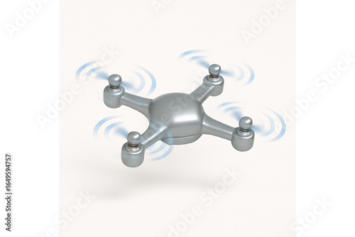 3D icon of a small drone with rotating propellers, silver frame, on white background, square format, dynamic pose, clean 3D model