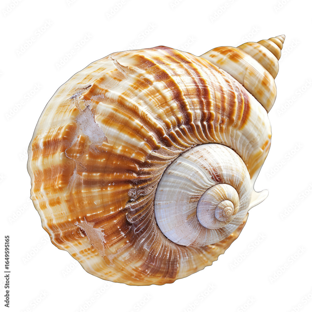 Obraz premium Close-up of a large, spiral seashell. It's light beige with intricate, swirling, tan and brown patterns. The shell's apex is pointed