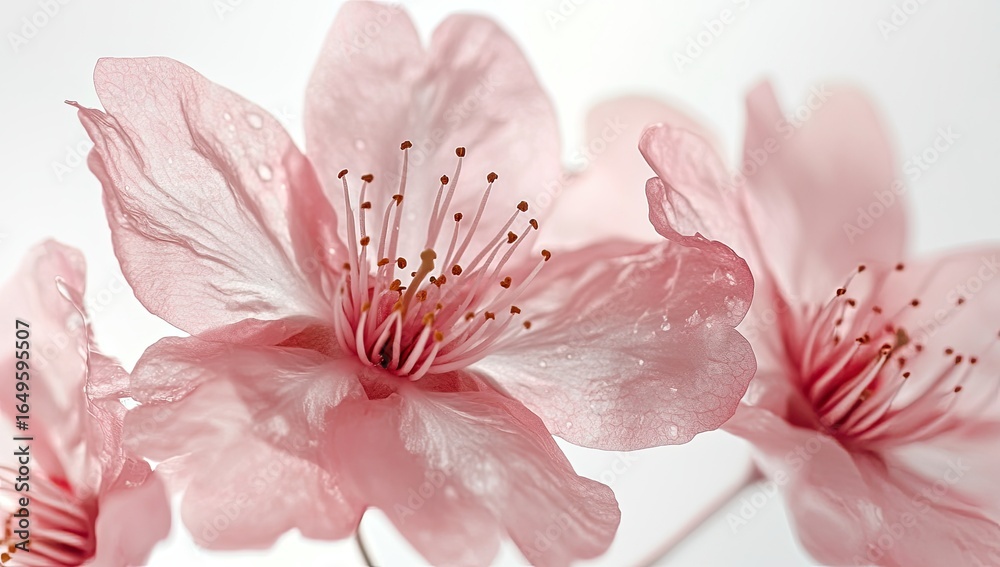Fototapeta premium Close-up of delicate, pale pink cherry blossoms, highlighted by water droplets. Soft focus emphasizes the intricate detail of the petals and stamens