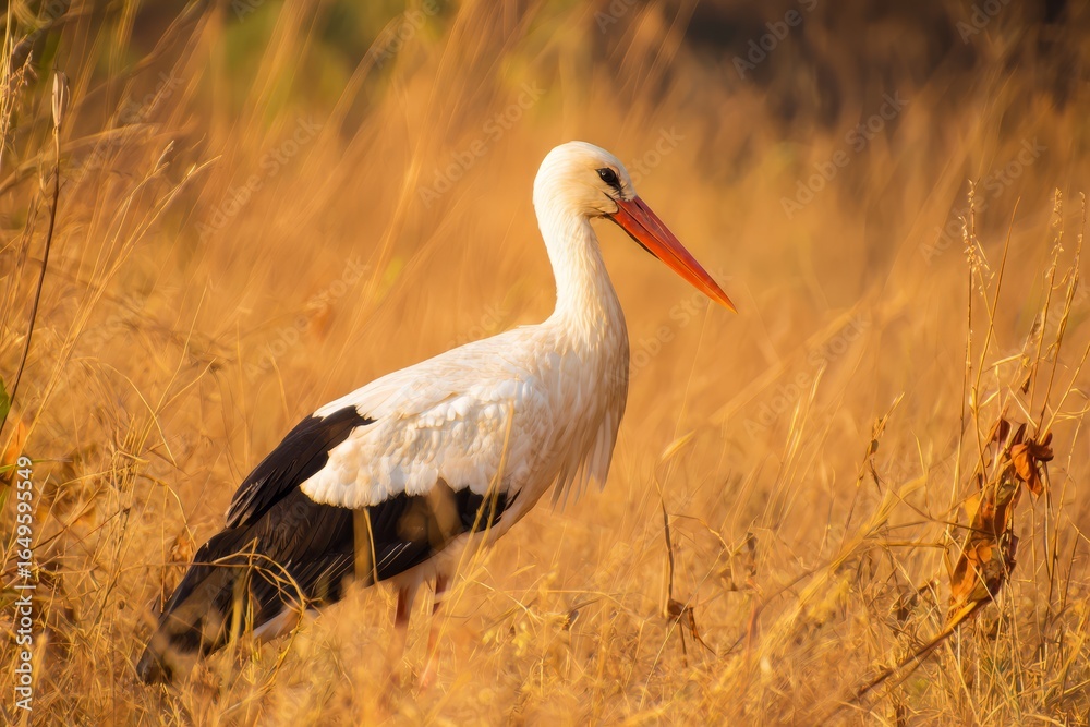 Fototapeta premium Close stork portrait in orange meadow light, attentive pose