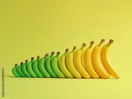 A gradient of bananas, from small and green to large and ripe, are arranged diagonally in a row against a solid yellow-green background.