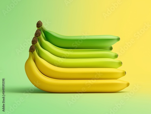 A gradient of bananas, from unripe green to ripe yellow, are stacked diagonally against a two-tone green and yellow background.