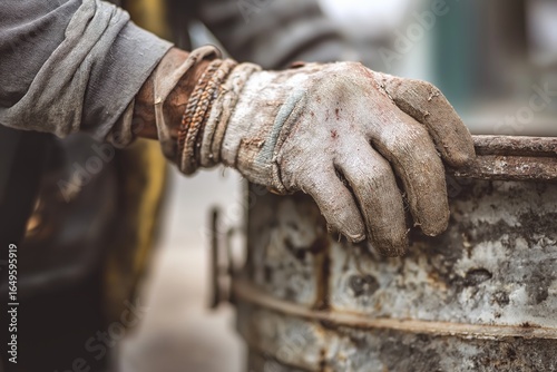 A close-up shot of a person's worn, dirty glove gripping the rusty edge of a metal drum, highlighting a scene of hard work and physical labor.