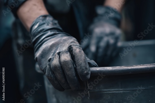 A close-up shot of a person's hands, stained and dirty, gripping the edge of a rugged container, highlighting the grimy details of their laborious work.