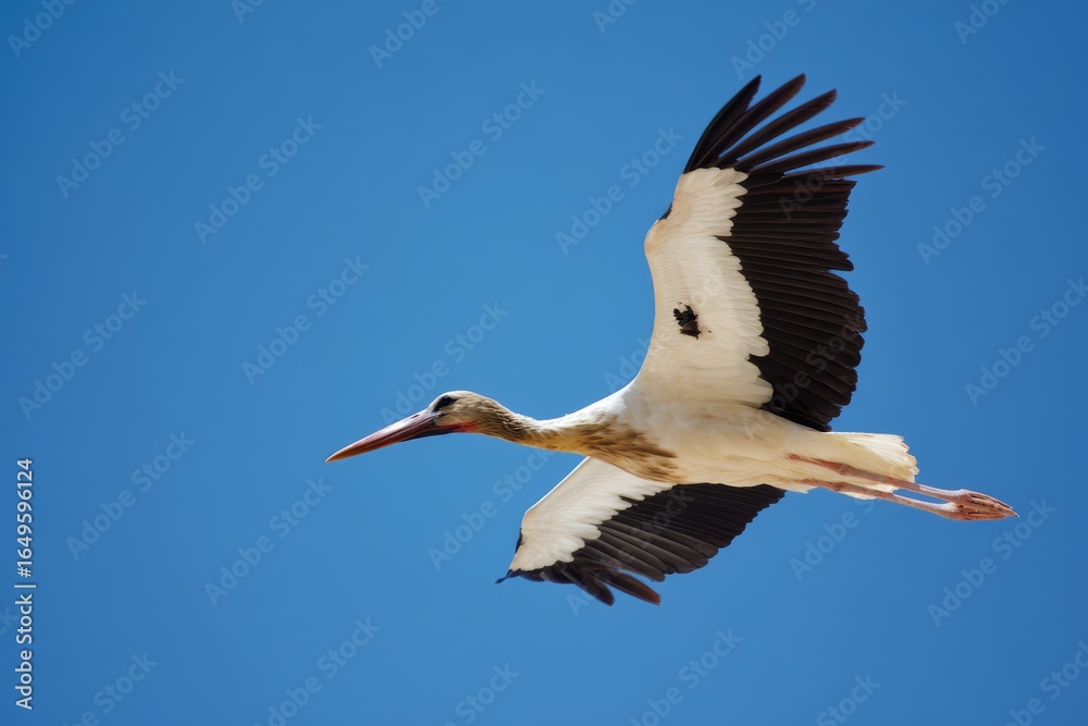 Obraz premium Stork gliding with wings downbeat on rich blue sky