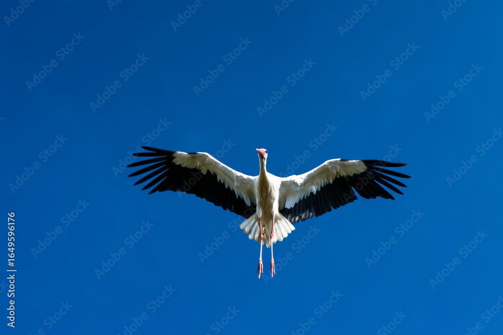Obraz premium White stork soaring toward camera against deep blue background