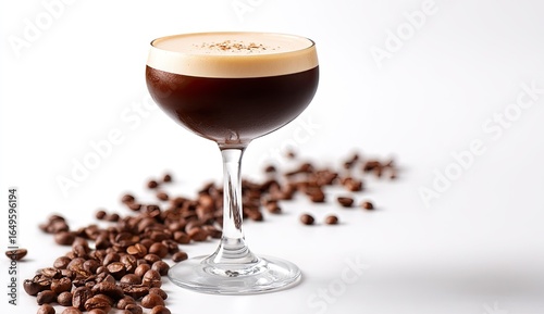 A rich, dark cocktail in a stemmed glass, presented with coffee beans