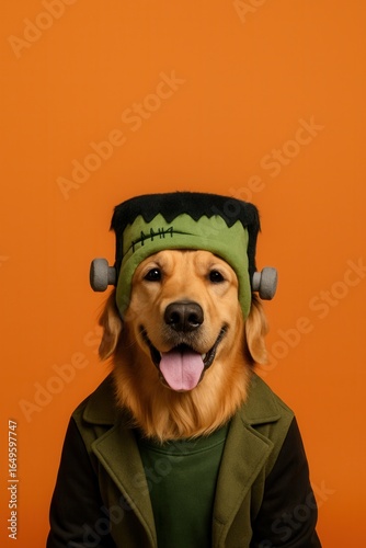 Halloween image of a golden retriever dog dressed as Frankenstein with a green headpiece and stitched details, smiling against a bright orange vertical background