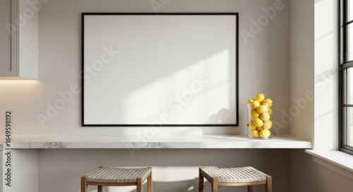 Modern kitchen mockup with blank frame, stylish stools, and fresh lemons for design