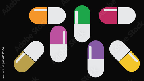 Illustration of Multicolored Capsules on a Black Background