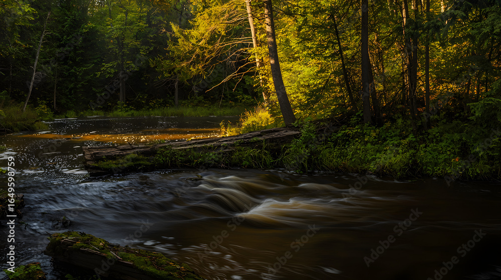 Fototapeta premium Gentle stream flowing through a lush green woods, inviting peace and tranquility amid nature