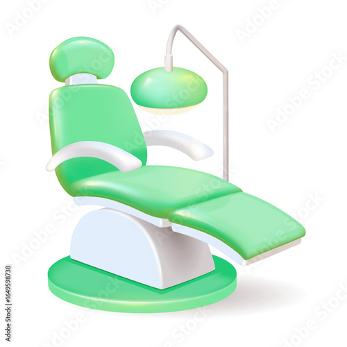 There is a green dental chair equipped with a lamp that is attached to it