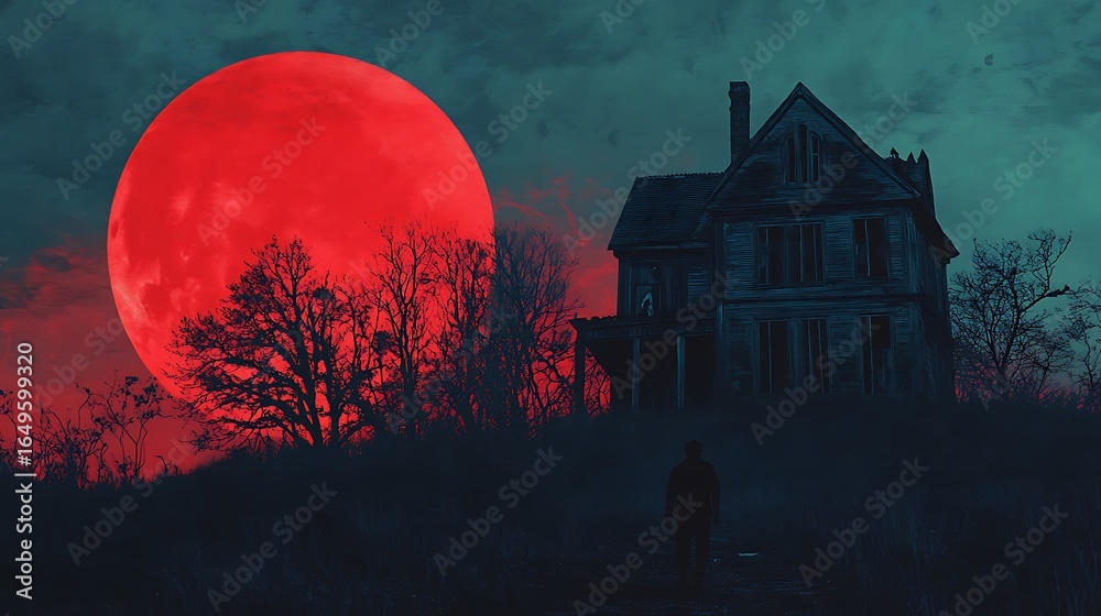 Fototapeta premium Spooky photo of haunted house silhouetted against a blood moon and darkened sky