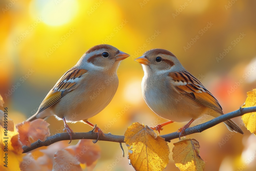 Obraz premium Two small birds on a branch surrounded by autumn leaves in golden sunlight