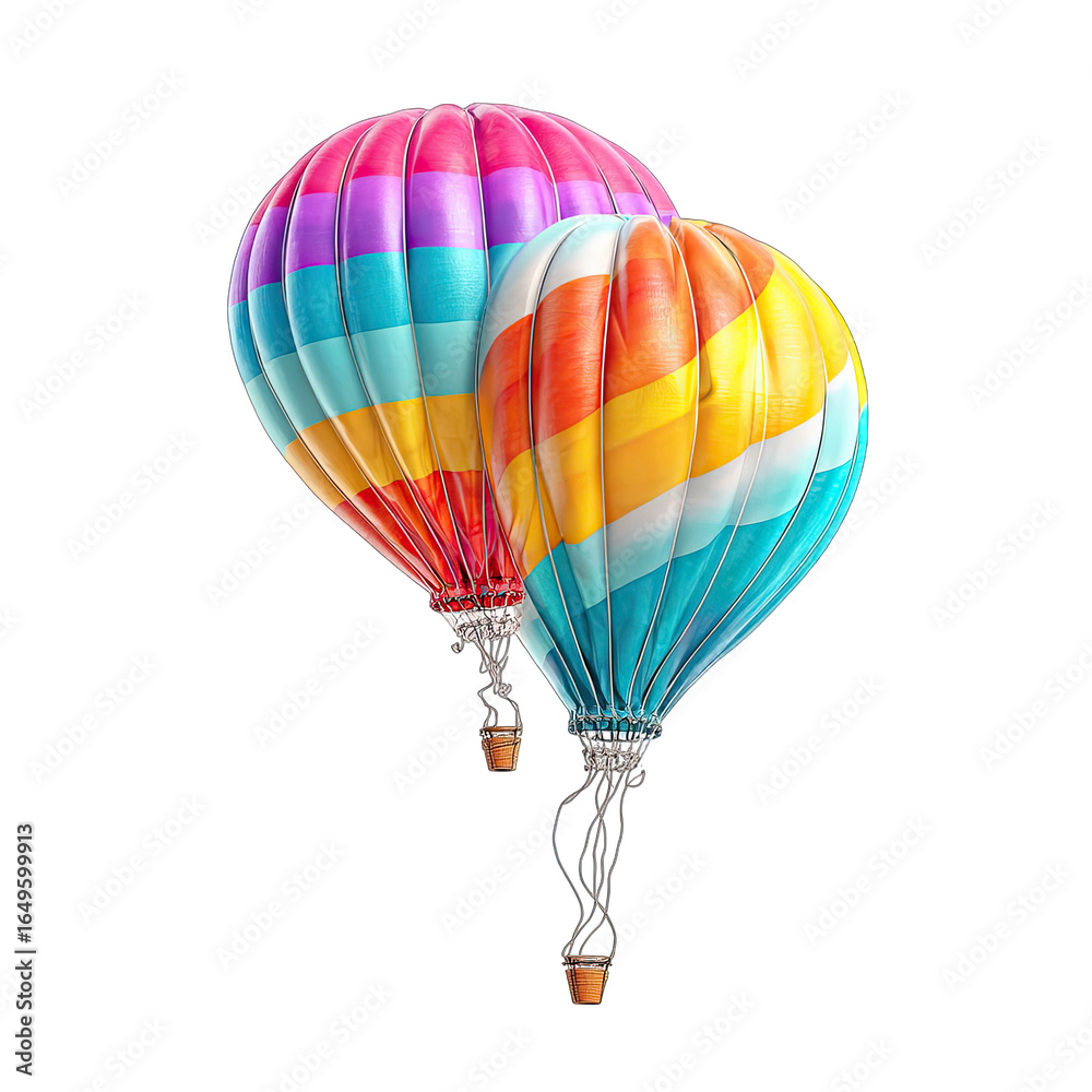 Fototapeta premium Two colorful hot air balloons, vibrant and close together, with a design of swirling stripes in various hues