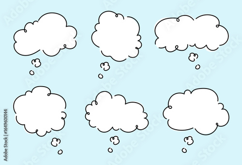 Blank speech or thought bubbles on blue background for design, conversation, and creative concepts. Set of speech or thought bubbles with different shapes, text chat cloud for comments, posts, comics