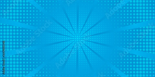 Comic background. Pop art texture. Starburst cartoon style. Anime design with explosion effect for print. Fun dot pattern. Blue backdrop with halftone gradient.