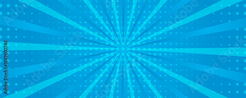 Comic background. Pop art texture. Starburst cartoon style. Anime design with explosion effect for print. Fun dot pattern. Blue backdrop with halftone gradient.