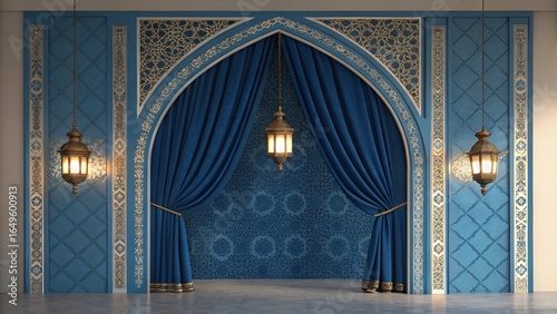 Ornate blue islamic archway with hanging lanterns and velvet curtains