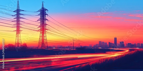 Colorful sunset over city with power lines and motion blur