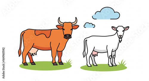 Illustration of farm animals cow and goat standing on grass with clouds in background vector drawing art