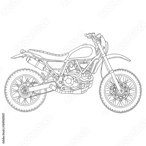 Line Art Drawing of a Scrambler Motorcycle.