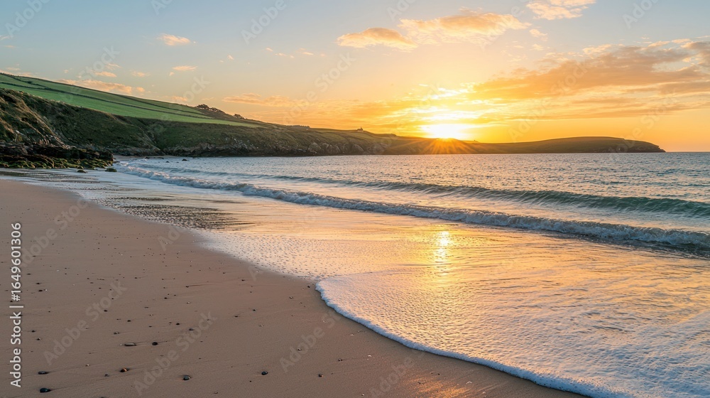 Obraz premium A calm, peaceful beach at sunset, with soft waves lapping against the shore and a warm, golden glow.