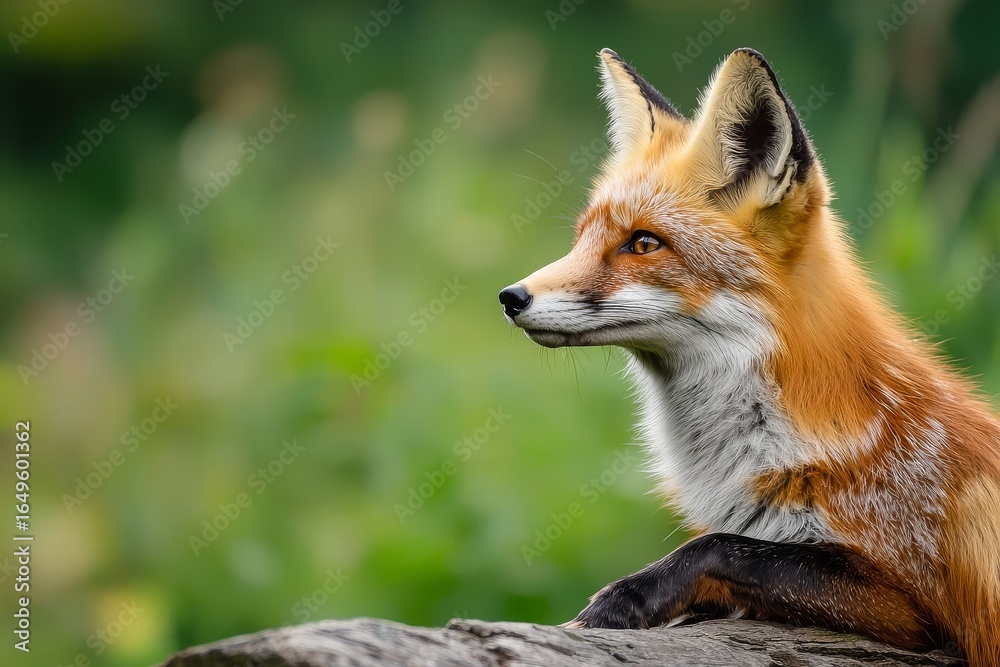 Obraz premium Close-up side view of a fox sitting on a log looking at the sky with green grass background. Macro shallow depth of field wildlife portrait.