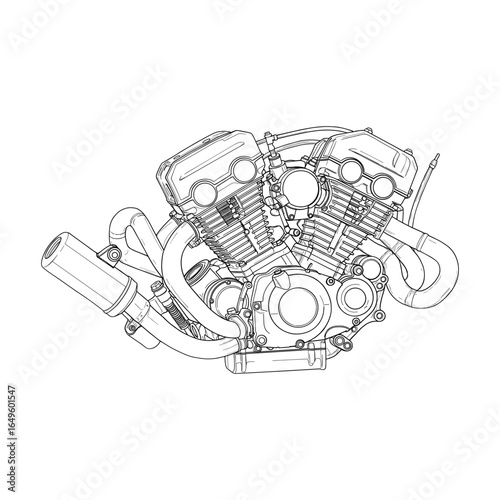 Motorcycle Engine Technical Line Drawing.