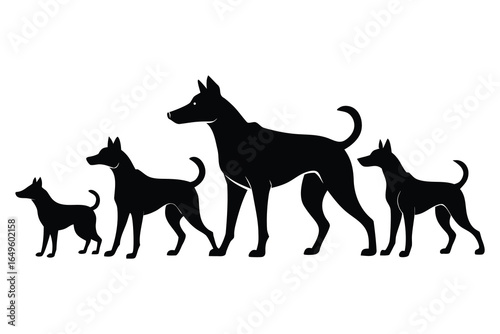 Set of 5 Silhouette Street Dogs in Realistic Actions: Barking, Chasing, Sniffing, and Sleeping