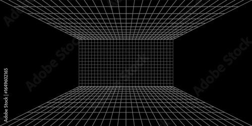 Futuristic perspective grid box. Abstract wireframe with white grid line on black background. Virtual reality landscape in 80s 90s digital style. Vector