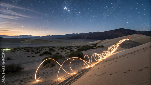 Glowing Trails of Light Painting Across a Desert Dune Under a Starry Night Sky with a Person Sitting on the Ridge