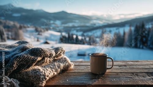 Cozy winter scene with steaming mug and warm blankets