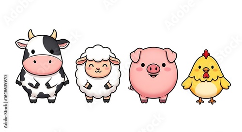 Adorable Cartoon Farm Animals Row: Cow, Sheep, Pig, Chicken