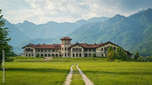 A Romanian orphanage building with rustic architecture, surrounded by green fields and mountains.