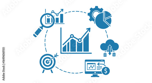 Blue data analysis and business growth illustration silhouette