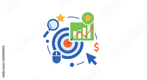 Target and graph with cursor and magnifying glass silhouette
