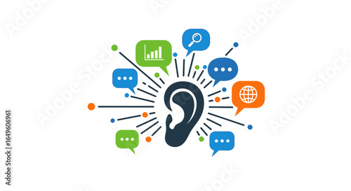 Ear surrounded by speech bubbles with icons inside silhouette
