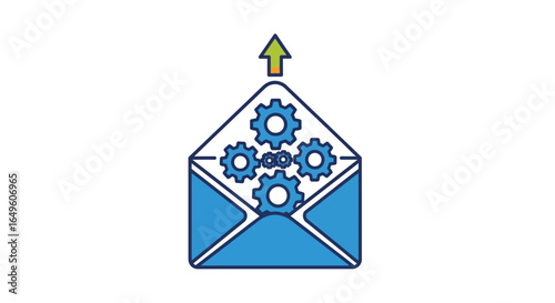 Blue envelope containing gears with upward green arrow silhouette