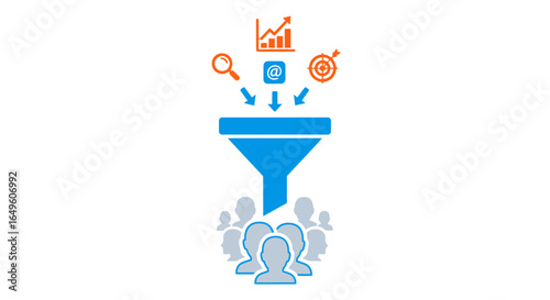 Data filtering process with funnel and people group silhouette