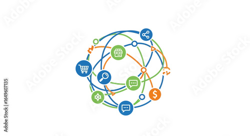 Global network connecting various business icons silhouette
