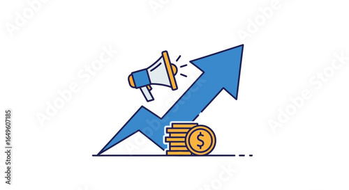 Arrow pointing up with megaphone and stack of coins silhouette