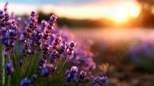 A stunning view of lavender flowers glowing under the warm hues of sunset, capturing the beauty of nature and the tranquility it brings to the soul.