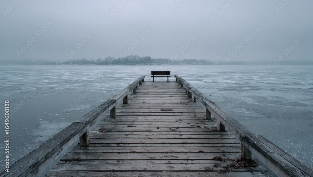 Obraz premium Frozen lake pier, a solitary wooden bench in the middle distance, sits on a weathered pier extending into a misty gray expanse